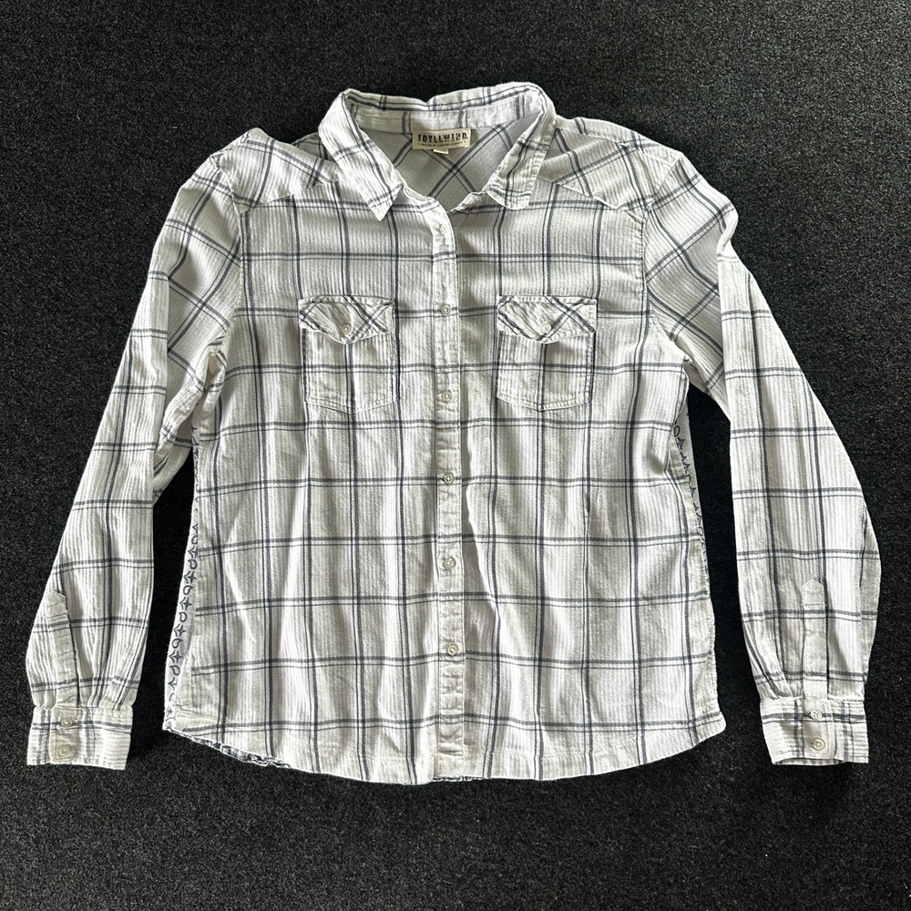 Idyllwind Miranda Lambert Plaid Paisley Back Button Down Shirt XL White Blue